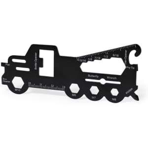 A black multitool shaped like a truck, featuring various functionalities and a logo.