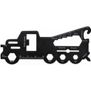 A black multitool shaped like a truck, featuring a bottle opener, ruler, and various wrench sizes.