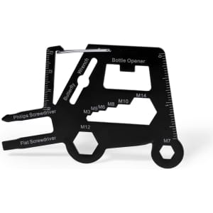 A black multitool featuring various functions like a bottle opener, wrenches, and screwdrivers, with a logo prominently displayed.