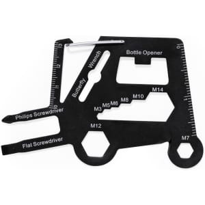 A black multitool featuring various functions, including screwdrivers, a bottle opener, and measurement markings.