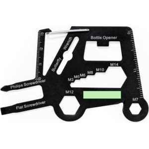 A black multitool in the shape of a vehicle, featuring various tools like a bottle opener, screwdrivers, and a wrench.