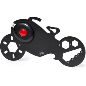 A black multitool shaped like a motorcycle with various hex and bottle opener features. It includes a red accent.