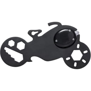 A black multitool shaped like a motorcycle, featuring various tool shapes and a circular measuring section.