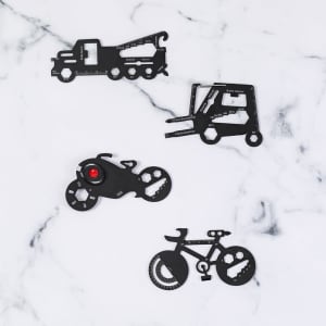 A set of four black multitools shaped like a truck, forklift, motorcycle, and bicycle, featuring various designs and measurements.