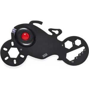 A black multitool shaped like a motorcycle, featuring a bottle opener and multiple hexagon wrenches in various sizes.
