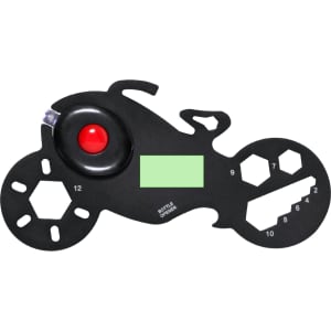 A multitool shaped like a motorcycle, featuring various tool measurements and a bottle opener in black.