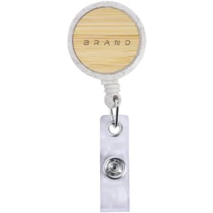 A badge reel featuring a bamboo top and a white marbled strap, with a silver attachment and a logo.