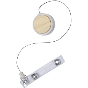A badge reel featuring a clear plastic strap and a round, bamboo-topped, grey base with a retractable cord.