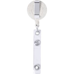 A white badge reel featuring a round top and a retractable clear strap for holding ID cards.