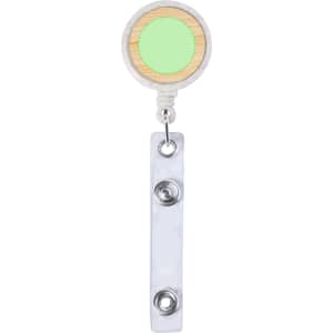 A badge reel featuring a green circular top and a clear plastic body, complete with a logo.