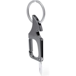 A drink bottle opener keyring in sleek black, featuring a shiny metal keyring and a multifunctional design.
