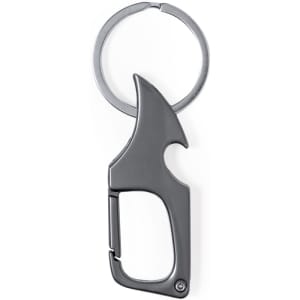 A drink bottle opener keyring in silver and grey with a unique hook design and an attached keyring.