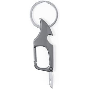 A drink bottle opener keyring in silver, featuring a sleek design and a circular keyring attachment.