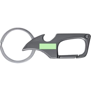 A drink bottle opener keyring in grey with a sleek design and a circular keyring attachment. It features a logo.