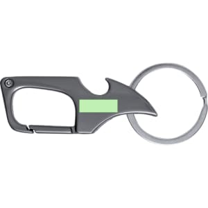 A drink bottle opener keyring in metallic grey, featuring a sleek design and a circular keyring attachment.