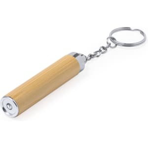 A bamboo and chrome keyring torch with a keychain attachment.