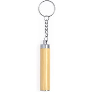 A bamboo and silver keyring torch with a metal chain attached for easy carrying.
