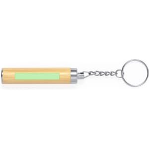A bamboo torch keyring with a silver chain and green accent. It features a logo.