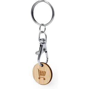 A silver keyring with a clip attached, featuring a wooden coin with an engraved shopping cart design.