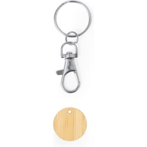 A silver metal keyring with a lobster clasp and a circular wooden tag in a natural finish.