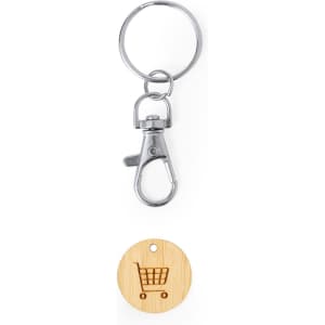 A silver keyring with a lobster clasp and a circular wooden pendant featuring a shopping cart design.