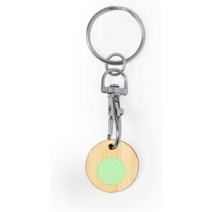 A keyring featuring a circular wooden coin with a mint green centre and a metal clasp attachment.