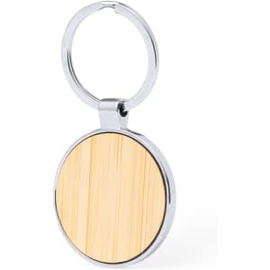 A circular keyring with a polished chrome frame and a wooden bamboo centre.