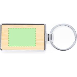 A rectangular keyring featuring a bamboo section with a green outline and a metal keyring attachment.