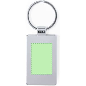 A silver keyring featuring a rectangular pendant with a green area for custom designs.