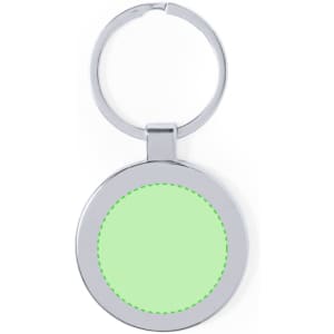 A circular, chrome keyring featuring a smooth green surface in the centre. It includes a keychain attachment.