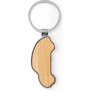 A keyring featuring a sleek silver frame with a bamboo element, shaped like a stylised outline.