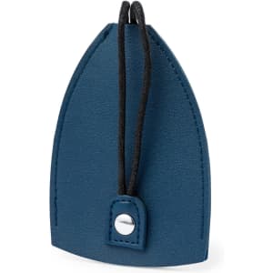 A navy blue keyring made of leather-like material, featuring a black cord and a metal snap fastener.