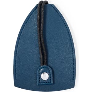 A dark blue keyring with a textured finish and a black rope attachment. It features a metal loop.