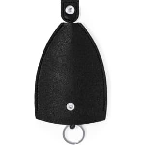A black leather keyring holder with a metal keyring attached. It features a snap closure and a smooth texture.