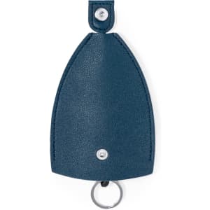 A dark blue keyring with a textured finish and a metal keyring attachment. Features a snap closure.
