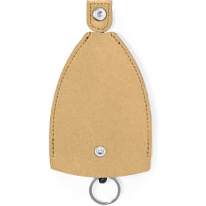A tan keyring with a smooth finish, featuring a metal ring and a snap fastener at the top.