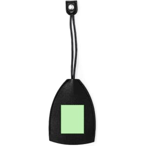 A black keyring with a green square section, featuring a loop for attachment. It has a simple and sleek design.