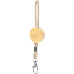 A keyring featuring a wooden round charm with a natural finish and a beige rope loop for attachment.