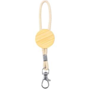 A wooden keyring with a round, light-coloured pendant and a metal clip, featuring a tan strap.