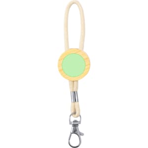 A keyring featuring a round wooden charm in yellow with a green accent and a metal clip for attachment.