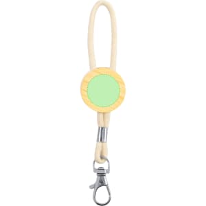 A wooden keyring with a green circular centre and a silver clip, featuring a tan cord loop.