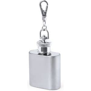 A drink bottle keyring in silver with a metal clip and screw-top lid. Features a smooth surface and a slim design.