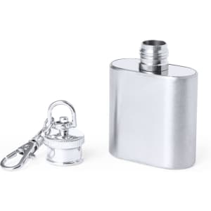 A silver hip flask with a keyring attachment, featuring a sleek design and a screw-on cap.