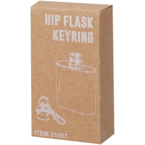 A hip flask keyring in a brown cardboard packaging, featuring a simple outline design and a metal keyring attachment.
