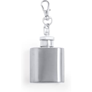 A sleek silver hip flask keyring with a secure cap and metal clip for easy attachment.