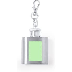 A silver hip flask keyring with a removable cap and a blank green rectangular area for customisation.