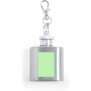 A drink bottle keyring made of stainless steel with a silver finish and a green label area.