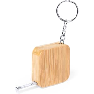 A bamboo tape measure with a keyring, featuring a silver measuring tape.