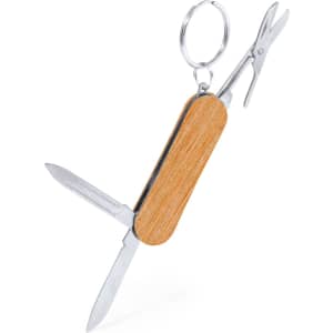 A multitool keyring with a wooden handle, featuring a knife, scissors, and a keyring attachment. Silver accents included.