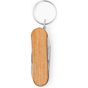 A multitool keyring featuring a wooden handle and metal components, with a circular keyring attachment.